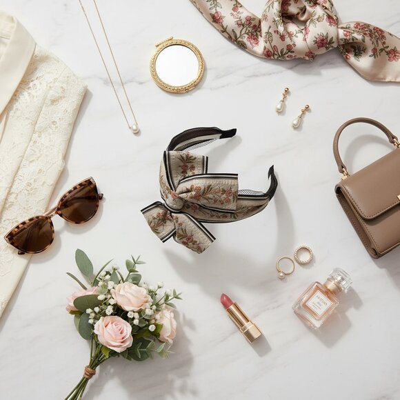 Floral Embroidered Bow Headband - Black and Cream - Picture 1 of 6